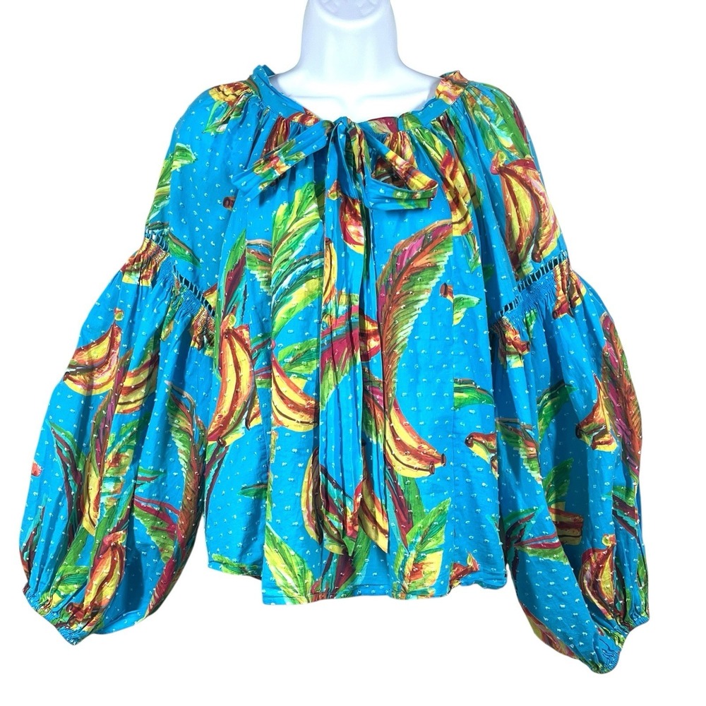 Farm Rio Top Banana Sky‎ Blouse Size L Colorful Cotton Swiss Dot Balloon Sleeve